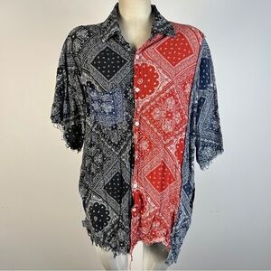 EDEN Bandana Patchwork Distressed Street Shirt L Retro Paisley Red Blue Black